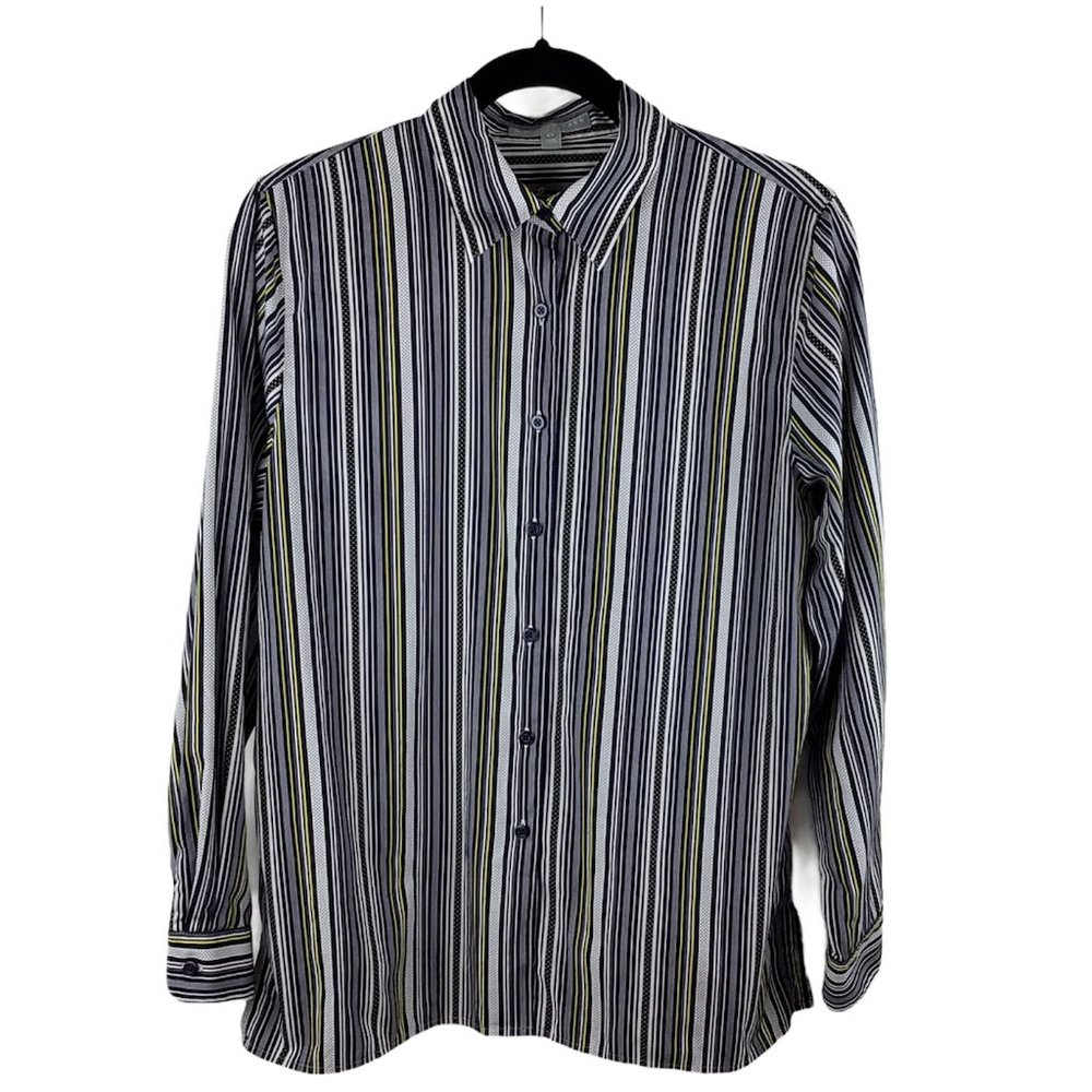 Foxcroft Button Up Shirt Women's 10 Navy Stripe